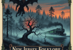 New Jersey folklore montage featuring the Jersey Devil, cursed tree, and phantom train against twilight Pine Barrens landscape