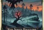 New Jersey folklore montage featuring the Jersey Devil, cursed tree, and phantom train against twilight Pine Barrens landscape