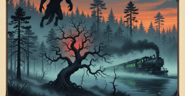 New Jersey folklore montage featuring the Jersey Devil, cursed tree, and phantom train against twilight Pine Barrens landscape