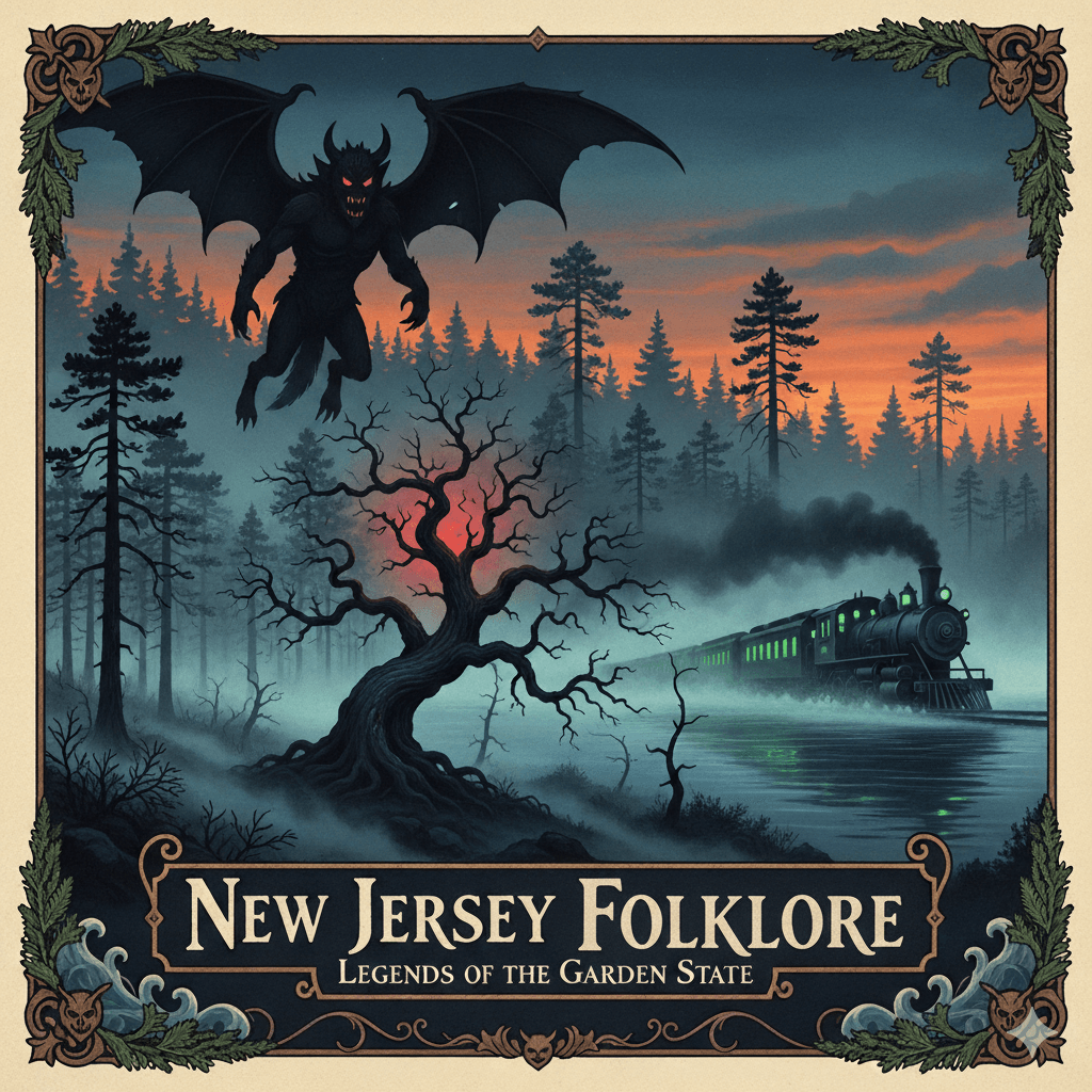 New Jersey folklore montage featuring the Jersey Devil, cursed tree, and phantom train against twilight Pine Barrens landscape