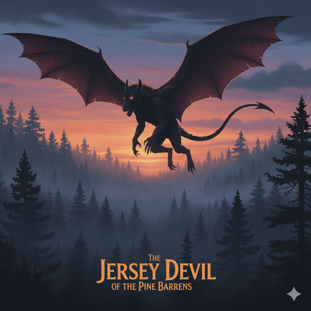 The Jersey Devil silhouette with bat-like wings flying over the Pine Barrens at dusk, New Jersey's most famous cryptid