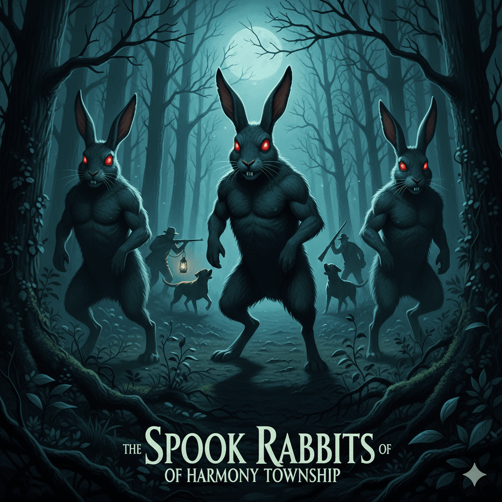 Mysterious glowing-eyed rabbits confronting hunters in a dark New Jersey forest, Harmony Township folklore legend