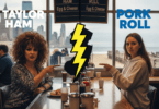 North Jersey woman and South Jersey woman having pork roll vs taylor ham debate in diner split by New Jersey lightning bolt