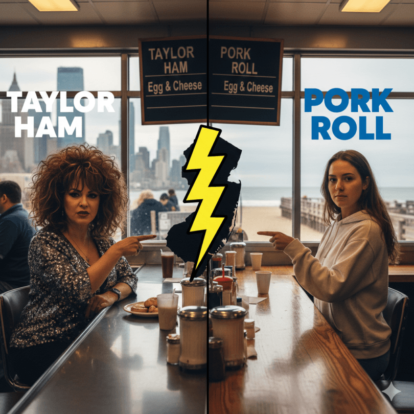 North Jersey woman and South Jersey woman having pork roll vs taylor ham debate in diner split by New Jersey lightning bolt