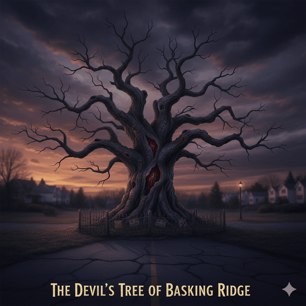 Ancient gnarled oak tree standing alone on suburban roadside at twilight with protective barriers, the cursed Devil's Tree of Basking Ridge