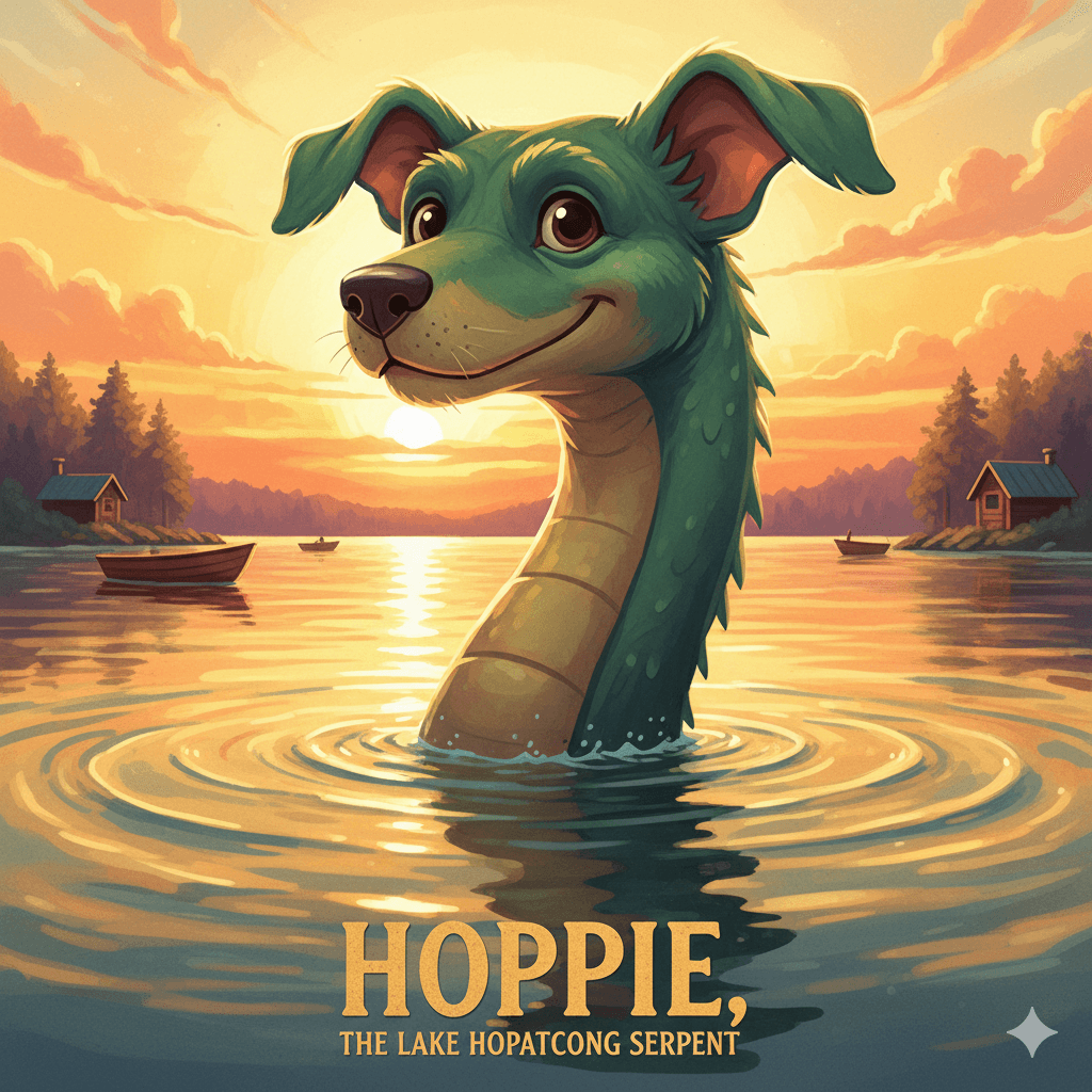 Hoppie the friendly Lake Hopatcong sea serpent with dog-like head emerging from the water at sunset