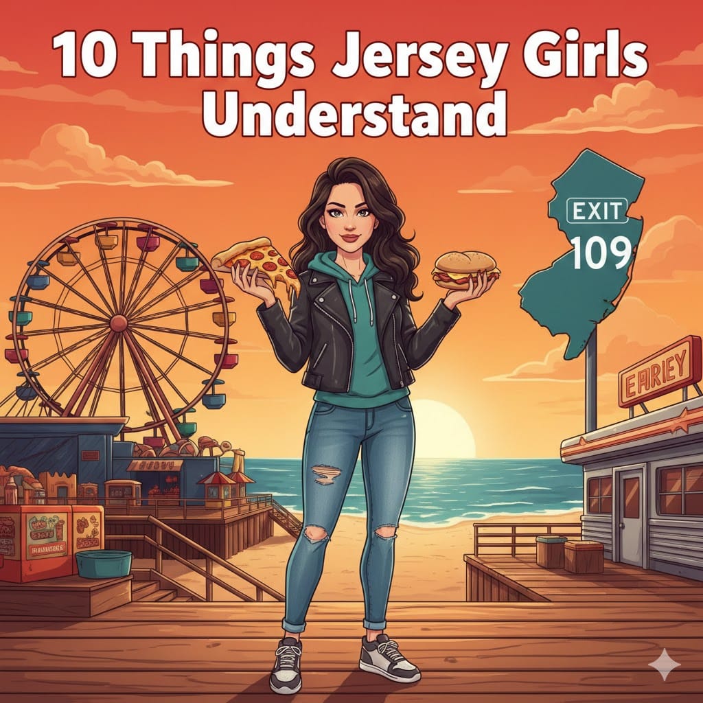 Jersey girl standing at boardwalk holding pizza and coffee with ferris wheel and exit 109 sign