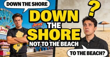 Down the Shore vs To the Beach - New Jersey saying explained with text and beach imagery
