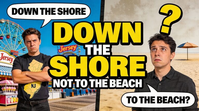 Down the Shore vs To the Beach - New Jersey saying explained with text and beach imagery