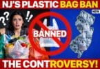 New Jersey plastic bag ban controversy with woman holding reusable bags and single-use plastic bags banned symbol
