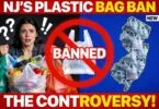 New Jersey plastic bag ban controversy with woman holding reusable bags and single-use plastic bags banned symbol