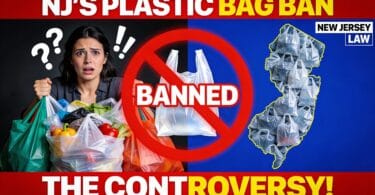 New Jersey plastic bag ban controversy with woman holding reusable bags and single-use plastic bags banned symbol