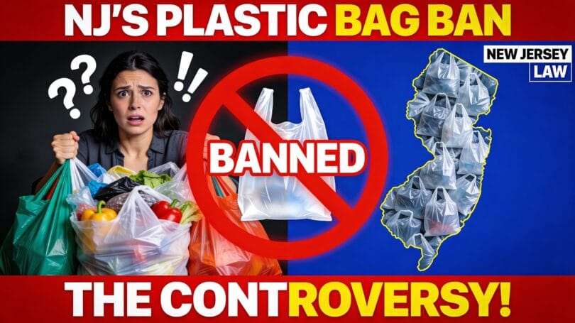 New Jersey plastic bag ban controversy with woman holding reusable bags and single-use plastic bags banned symbol
