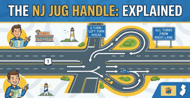 NJ jug handle road configuration diagram explained - New Jersey traffic intersection showing unique U-turn ramp