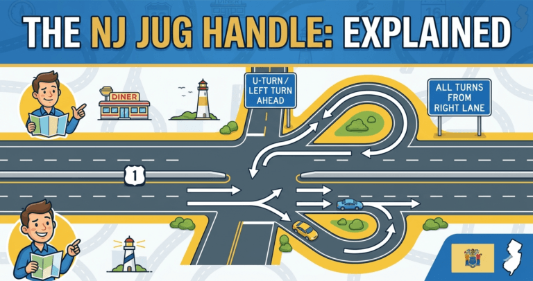 NJ jug handle road configuration diagram explained - New Jersey traffic intersection showing unique U-turn ramp