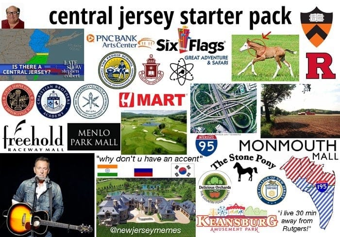 Towns in New Jersey Central Jersey starter pack featuring Six Flags, Princeton, Rutgers, Monmouth Mall, and Central Jersey culture