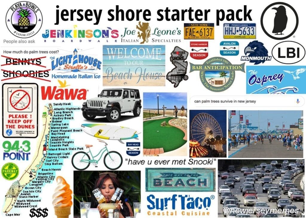 Jersey Shore starter pack showing boardwalk culture, Wawa, Surf Taco, LBI, and Jersey Shore summer life
