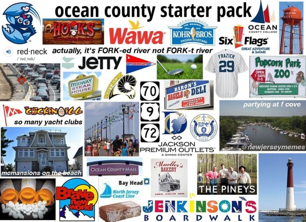 Ocean County starter pack showing Toms River, Lakewood, Wawa, and Jersey Shore beach and boardwalk life