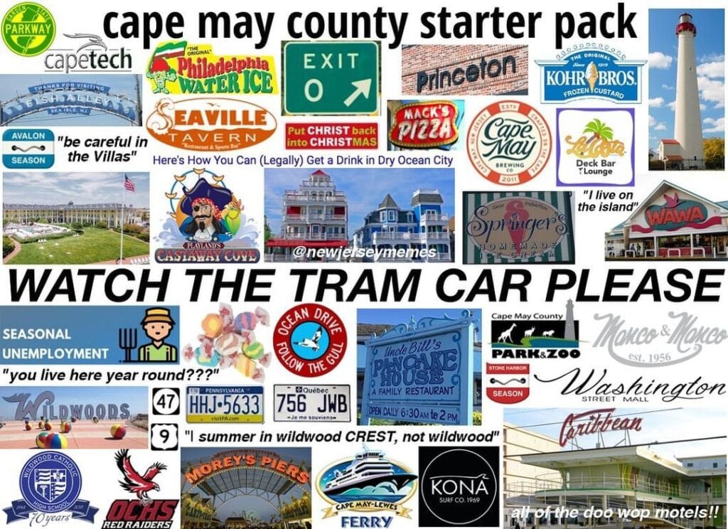 Cape May County starter pack showing Cape May, Wildwood, Ocean City, and Jersey Shore boardwalk life