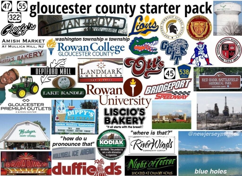 Gloucester County starter pack featuring Rowan University, local farms, and South Jersey suburban life