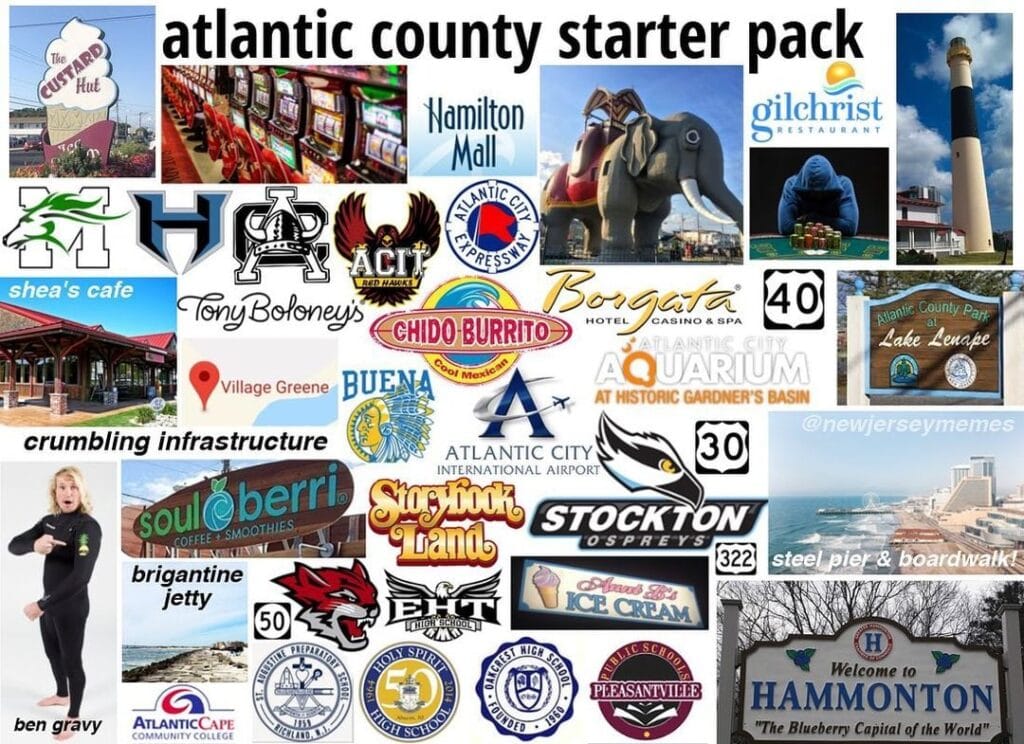 Atlantic County starter pack showing Atlantic City, Boardwalk, and South Jersey shore culture