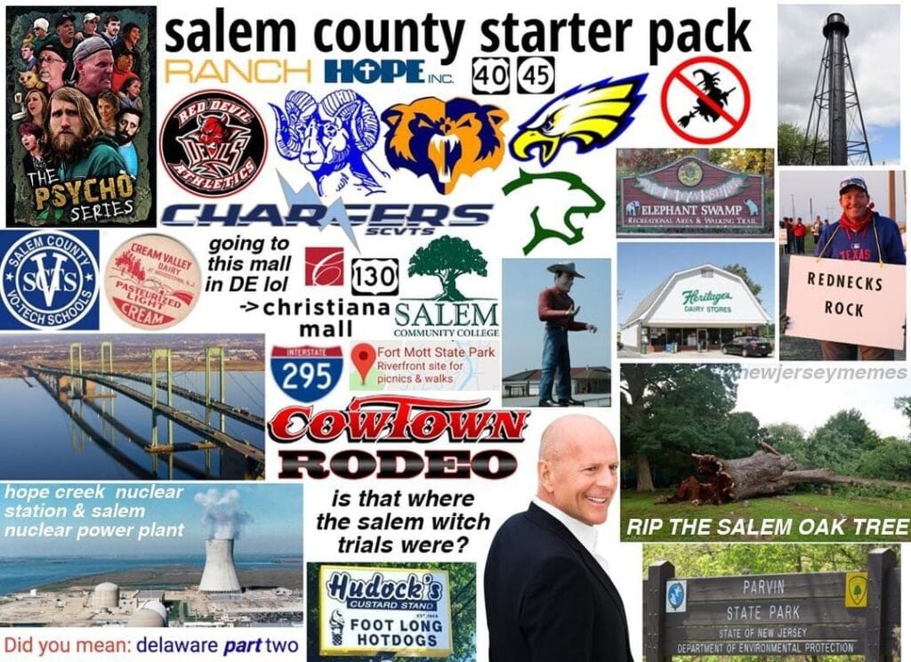 Salem County starter pack featuring Salem rodeo, local produce, and rural South Jersey farming