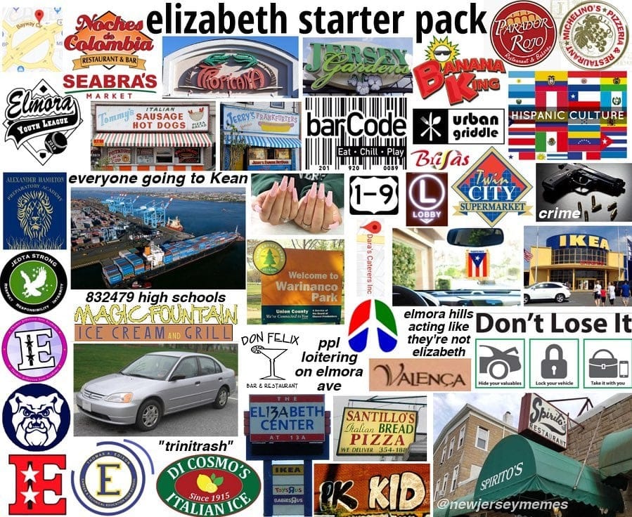 Elizabeth starter pack featuring local food, Seabras, and Elizabeth New Jersey culture