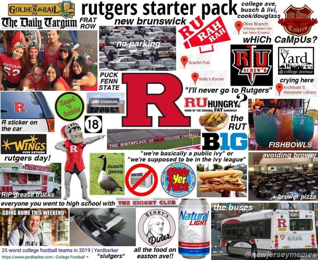 Rutgers starter pack featuring college culture, New Brunswick, and Rutgers University pride