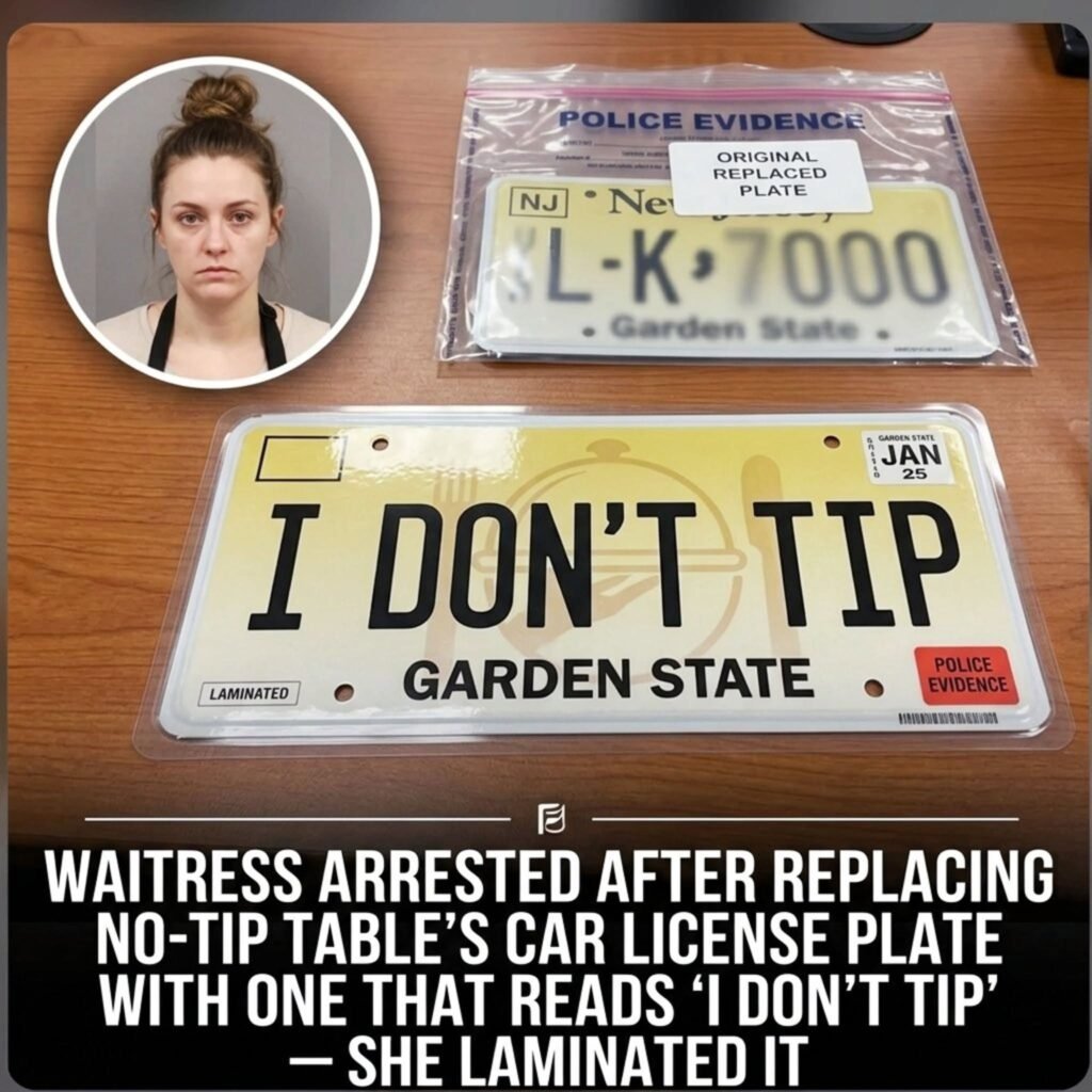 Funny New Jersey vanity plate reading I DON'T TIP with a waitress photo, referencing a no-tip lawsuit joke