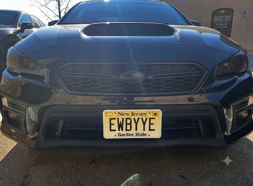 Funny New Jersey license plate reading EWBYYE on a black Subaru, a witty farewell joke plate