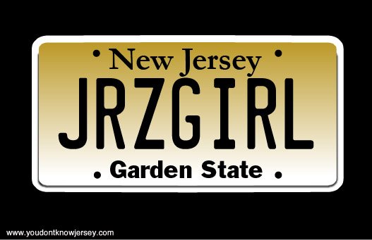 Funny New Jersey vanity plate reading JRZGIRL, celebrating Jersey girl pride