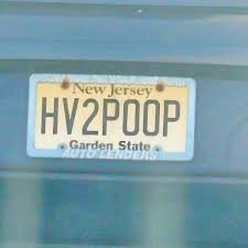 Funny New Jersey vanity plate reading HV2POOP, a bathroom humor plate