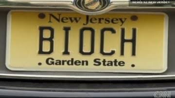 Funny New Jersey vanity plate reading BIOCH, a bold Jersey attitude plate