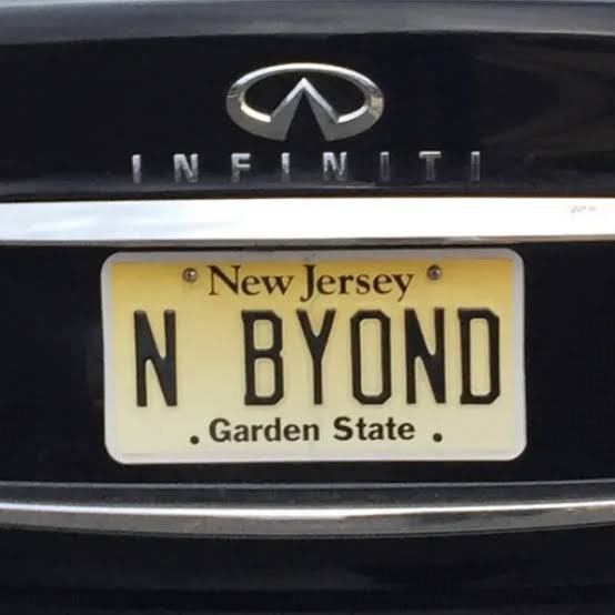 Funny New Jersey vanity plate reading N BYOND on an Infiniti, a pop culture inspired plate