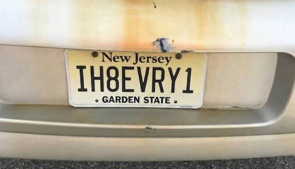 Funny New Jersey vanity plate reading IH8EVRY1, Garden State plate